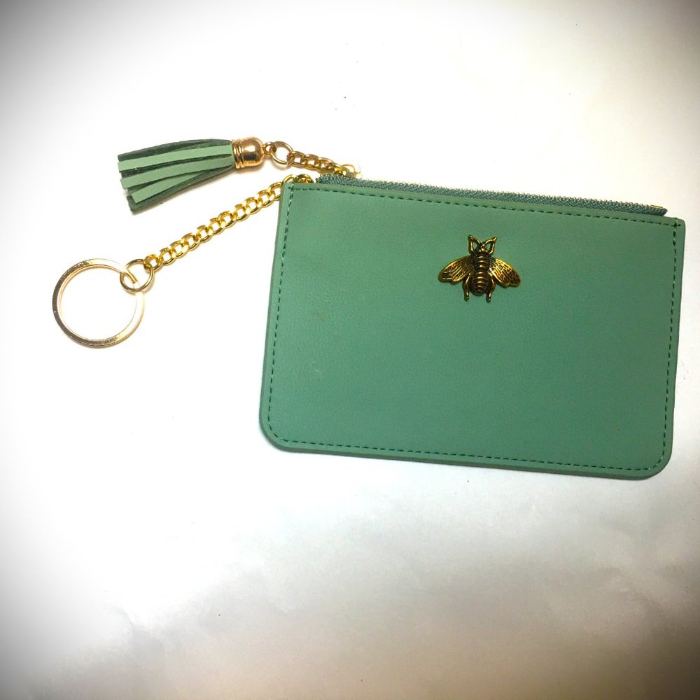 Avocado green leather wristlet chain wallet with keychain NEW without tags